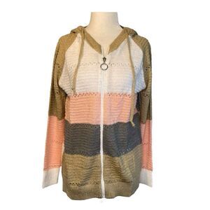 Crochet Hollow-Out Open Knit Striped Hooded Cardigan Colorblock Zip-Up M